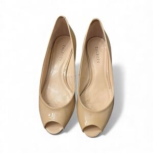 Talbots Nude Beige Patent Leather Peep Toe Wedge Heels Shoes with Cork Heel